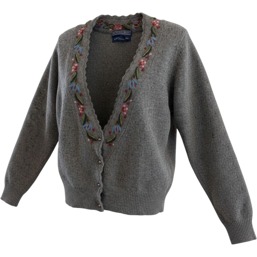 Herman Geist Cardigan Women M Gray Lambswool Hand Embroidered Floral Pointelle